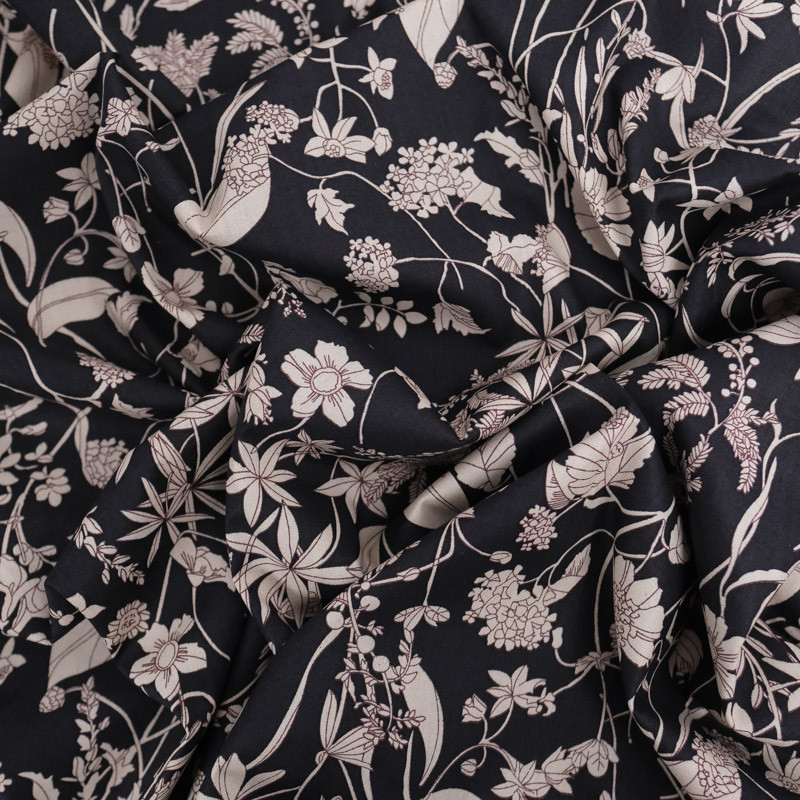 Taupe Floral Print Poplin on a Black Background - Maison Klem